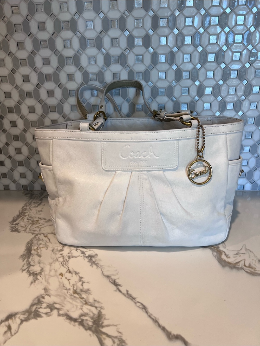 Coach Leather Hand Bag Purse  White Gold Trim